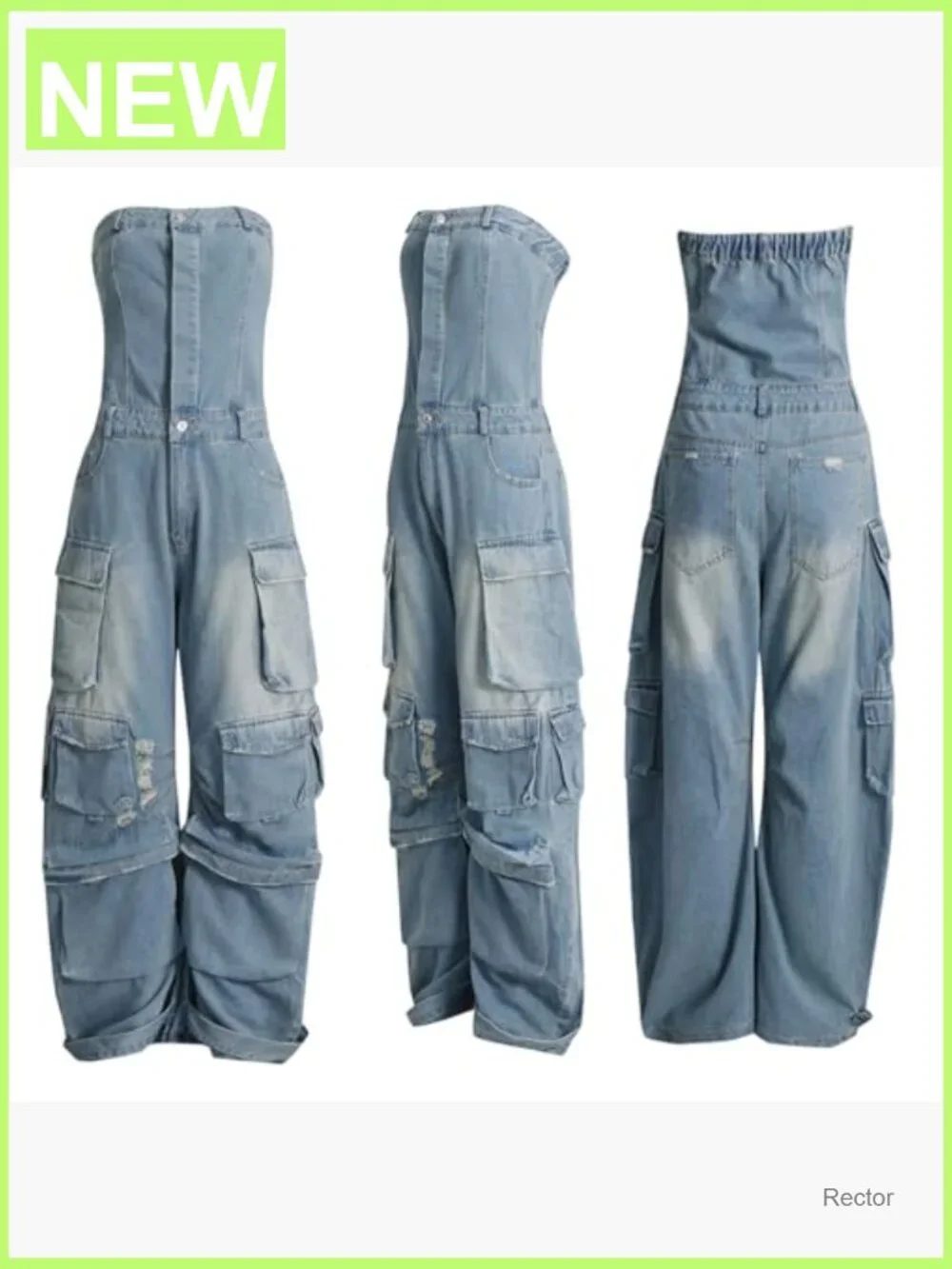 Cargo Denim Jumpsuit with Pockets, Stretch, Button Down - Picture 5 of 7